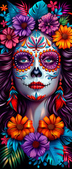 Wall Mural - A woman's face is painted with flowers and skulls. The flowers are in various colors and sizes, and the skulls are in different shapes and sizes as well. Scene is colorful and vibrant