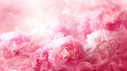 Wall Mural - A pink background with flowers in the foreground. The flowers are arranged in a way that they look like they are floating