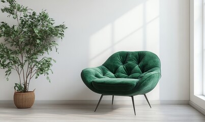 Wall Mural - Living room style minimal with green armchair on empty white wall background- 3D rendering, Generative AI