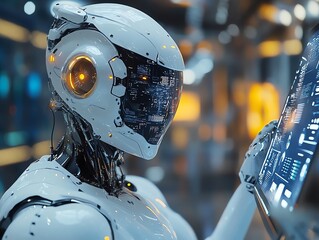 Aufkleber - Futuristic robot analyzing data on digital screen.