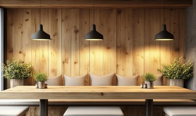 Wooden restaurant interior with blank wall, Generative AI