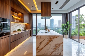 Wall Mural - Modern kitchen interior with marble countertops, wooden cabinets, and a cityscape view in the background, concept of luxury living. Generative AI