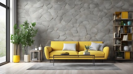 modern style empty gray stone wall living room decorated with yellow sofa and green plants in the po