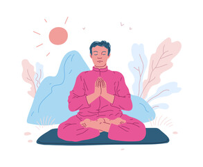 Wall Mural - Meditation. Vector illustration of a man in the lotus position performing breathing exercises in nature