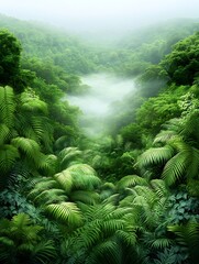 Wall Mural - Isometric view of a rainforest teeming with diverse plant life, layers of green with mist rising above the canopy, soft diffused sunlight, more clarity with clear light and sharp focus, high detailed