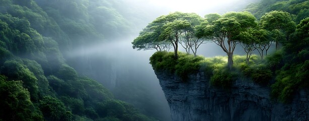 Wall Mural - panini projection of a vast forest landscape with towering trees, layers of vegetation, and misty at