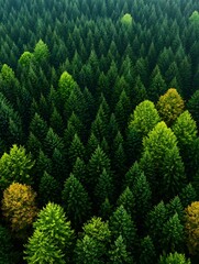 Sticker - aerial view of a forest with a mix of evergreen and deciduous trees, layers of green and golden leav