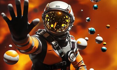 Wall Mural - astronaut's helmet reflects a vibrant, colorful cosmic display.