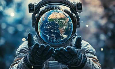 Wall Mural - An astronaut gently holds a vivid depiction of Earth in space