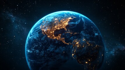 Wall Mural - Earth at night with city lights glowing, viewed from space with stars.