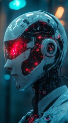 Aufkleber - Futuristic Robot Head with Glowing Red Eyes.