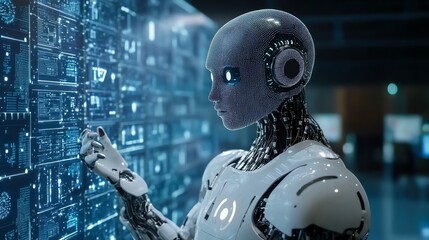Fototapete - Futuristic Robot Interacting with Data.