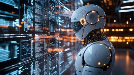 Fototapete - Futuristic robot looking at data stream.