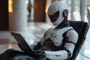 Aufkleber - Futuristic Robot Using Laptop.