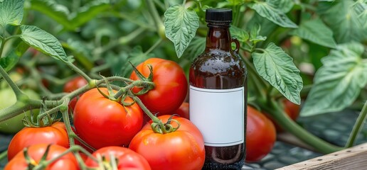 A bottle of tomato sauce with a blank label is sitting amongst a bunch of fresh red tomatoes in a garden.