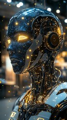 Aufkleber - Futuristic robot with glowing eyes and circuits.