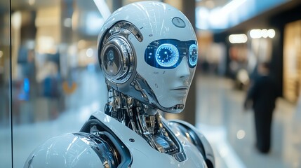 Aufkleber - Futuristic Robot with LED Eyes in a Showcase.