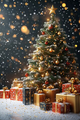 Wall Mural - christmas tree and gifts with christmas decoration