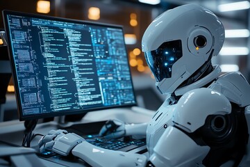Poster - Futuristic Robot Working on a Computer.