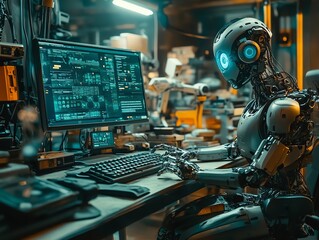 Poster - Futuristic Robot Working on a Computer.