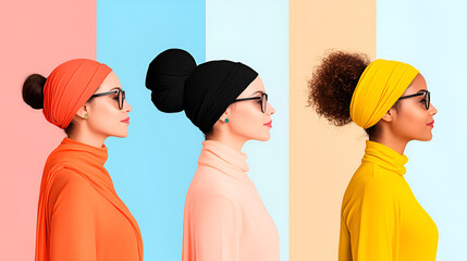 Wall Mural - Three Stylish Women in Headscarves and Glasses Against a Colorful Background