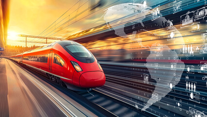 a high-speed train zooming past in a futuristic world, integrated with a global communication networ