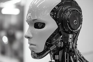 Aufkleber - Futuristic robotic head with exposed wires and circuits.