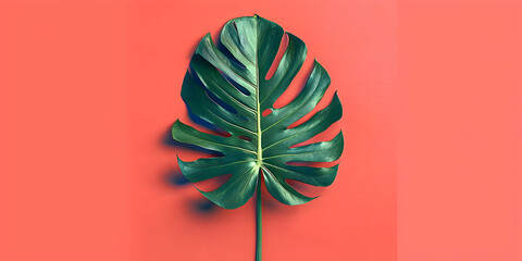 Wall Mural - A single monstera leaf on a coral background.