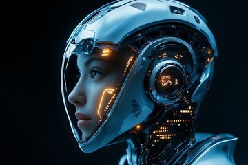 Aufkleber - Futuristic Woman in Helmet with Glowing Lights.