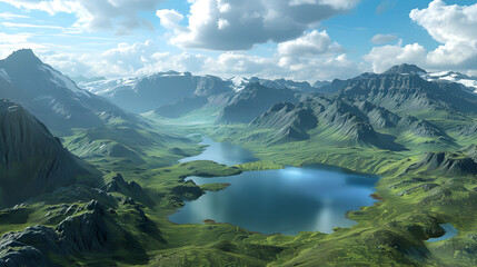 Majestic mountain range with a scenic lake and blue sky with puffy white clouds.