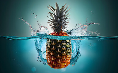 Wall Mural - A ripe pineapple in A vibrant water splash