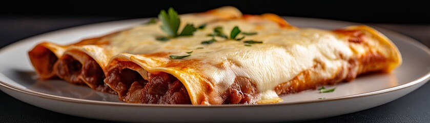 Cheesy Enchiladas with Parsley Garnish on a White Plate