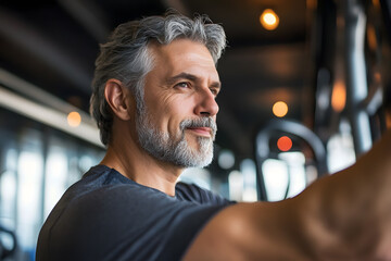 Senior man with grey hair working out in a gym