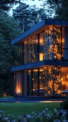 Canvas Print - Modern house with glowing facade in forest.