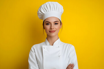 Wall Mural - Portrait of woman chef in white outfit with crossed arms looking at camera on yellow background