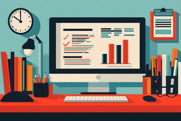Fototapete - Modern Office Desk with Computer and Charts.