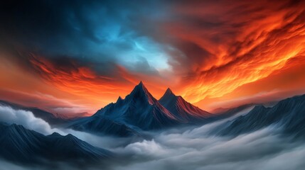 Mountain Peaks Surrounded By Clouds On Fire, With Intense Colors And Dramatic Lighting Effects