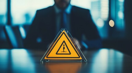 A warning sign on a table before a businessman alerts to economic risks like deflation and inflation. It advises caution in investing and saving for retirement and addresses office syndrome. 