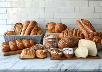 culinary delights: freshly baked bread and pastries arrayed on marble