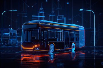 Wall Mural - Futuristic bus with neon outlines on a digital city backdrop.