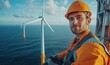 © Raool - Engineers are repairing and maintaining an offshore turbine house. Portrait of a skilled professional worker working at height. Offshore wind farm in the, Generative AI