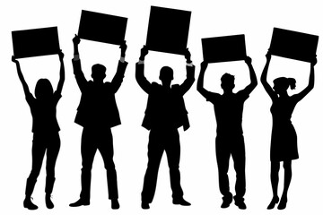 silhouette of a group of people holding up an empty sign board set. vector illustration