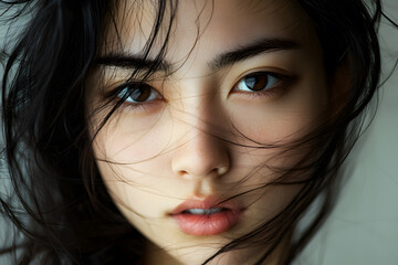 Poster - Close-up portrait of a young asian woman with windblown hair, looking directly at the camera
