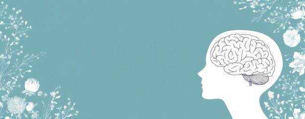 Silhouette of a head with a brain drawing, side view, on a pastel turquoise background, with copy space in the center of the banner, in a minimalist style.