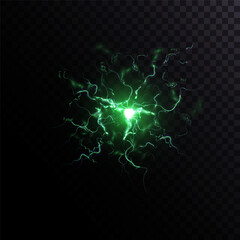 Fototapete - Explosion of quantum light energy with flying sparks and light green lightning, lightning background for creating accent moments in design. Vector