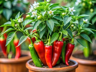 Vibrant green chili pepper plant with ripening red peppers and delicate white flowers growing in a garden or indoor pot against a blurred background.