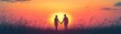 © Muhawaii - A tilted angle view of an intimate sunset scene, two silhouettes holding hands, minimalist design with soft pastel colors, evoking romance and serenity, digital illustration