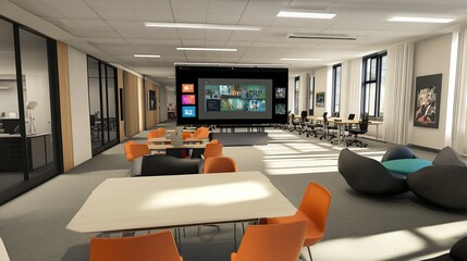 Modern office interior with large screen displaying video conferencing and a table with orange chairs.