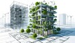 © Bhanuka - Eco-friendly urban architecture concept showcasing green building engineering with sustainable design, rooftop planting, and modern city planning.