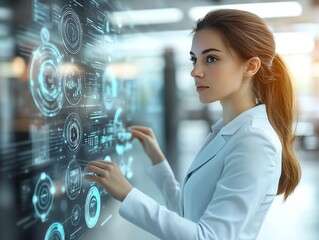 Fototapete - Young Woman Using Interactive Touchscreen.
